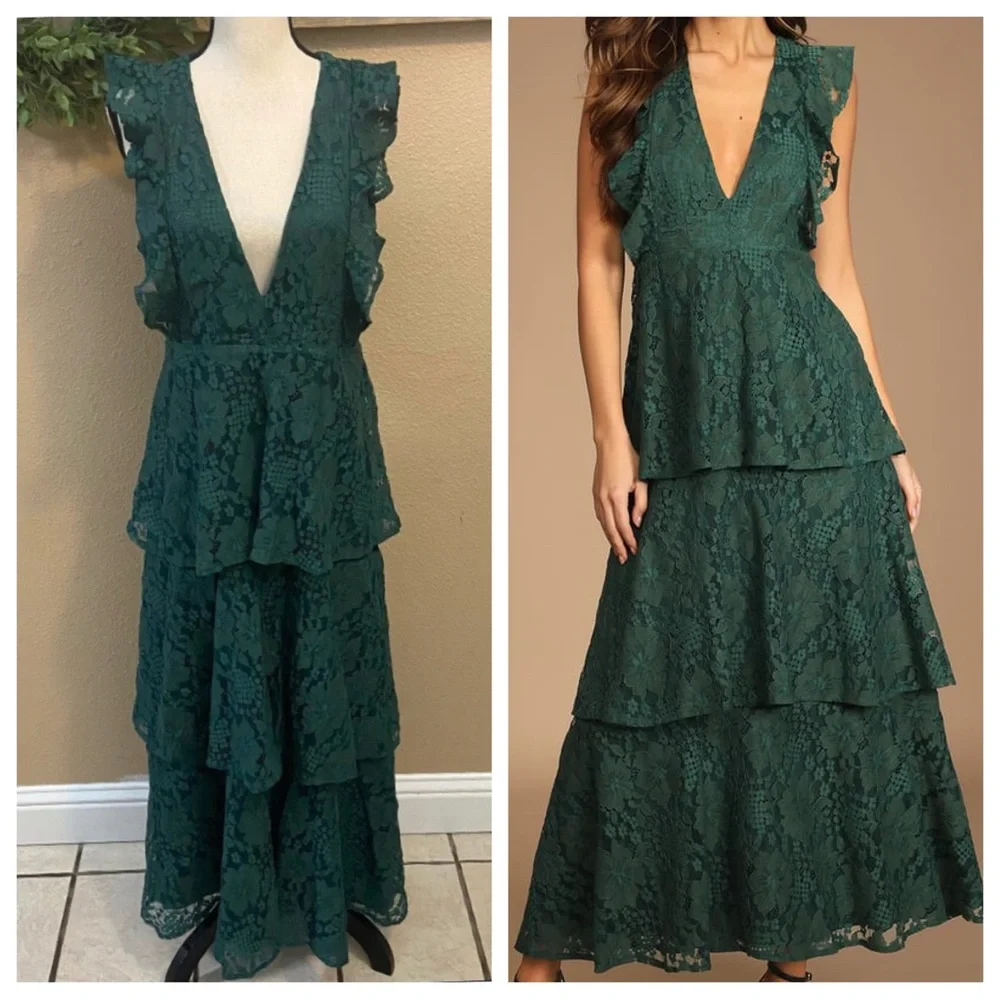 NWOT Lulus Molinetto Forest Green Lace Ruffled Tiered Sleeveless Maxi Dr…